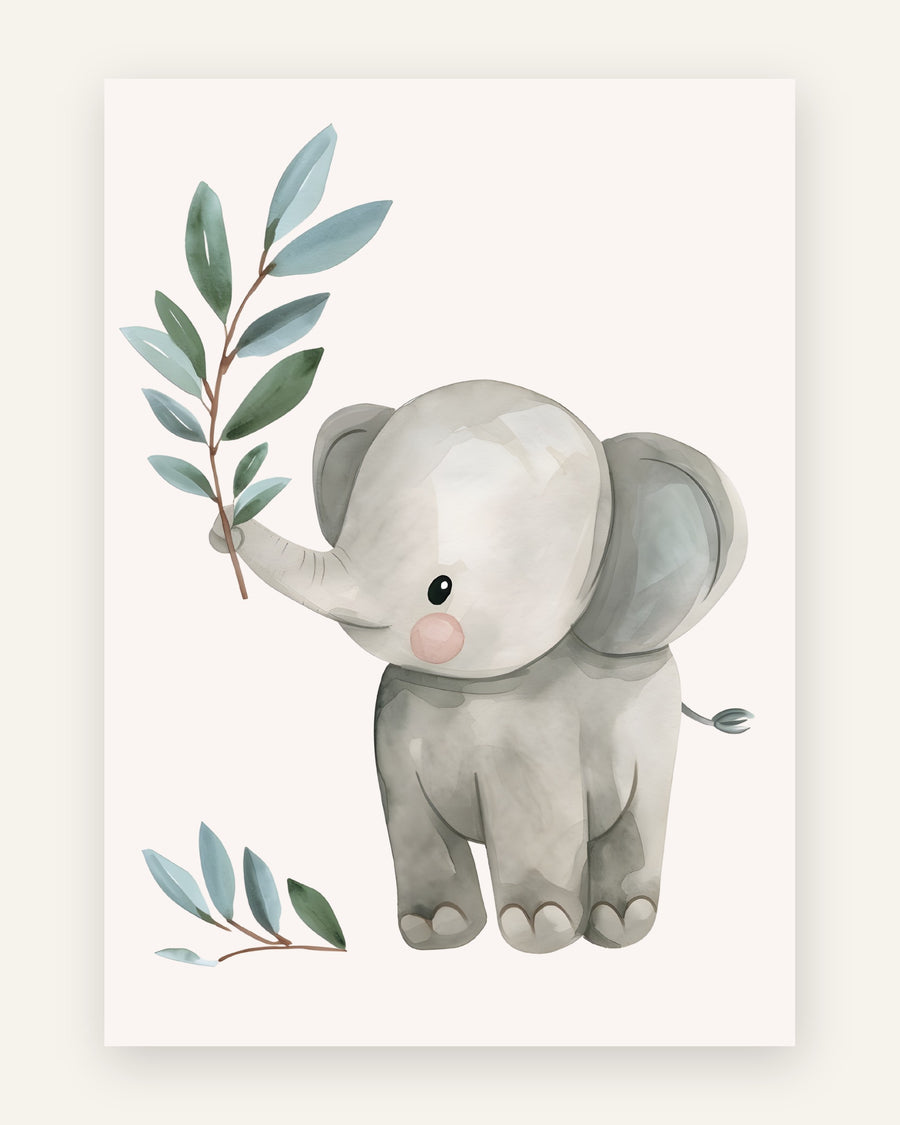 Børneplakat med sød elefant med blade i grønne toner til børneværelset