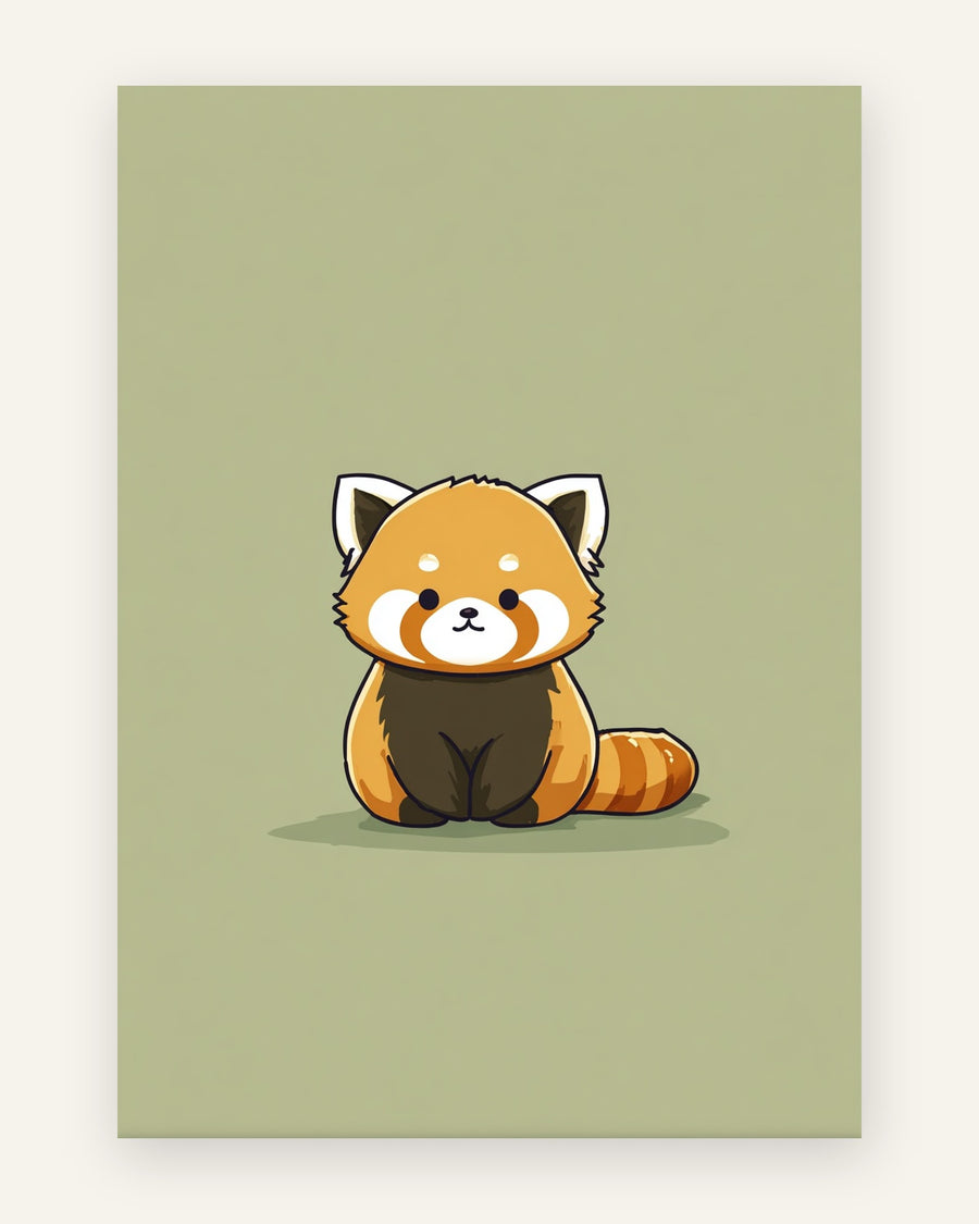 Børneplakat med sød kawaii rødpanda med orange pels, mørkebrun mave og stribet hale på salviegrøn baggrund til børneværelset