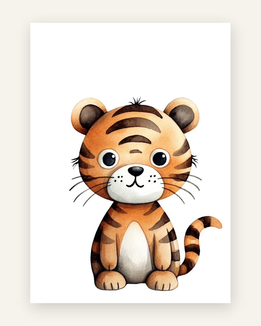 Børneplakat med sød tigerunge i orange toner til børneværelset
