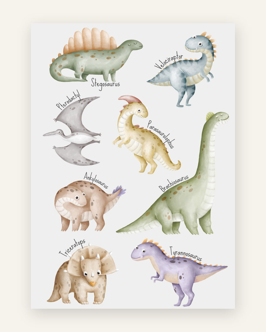 Børneplakat med otte søde dinosaurer i bløde akvarelpastelfarver som salvie, støvet blå og lavendel til børneværelset