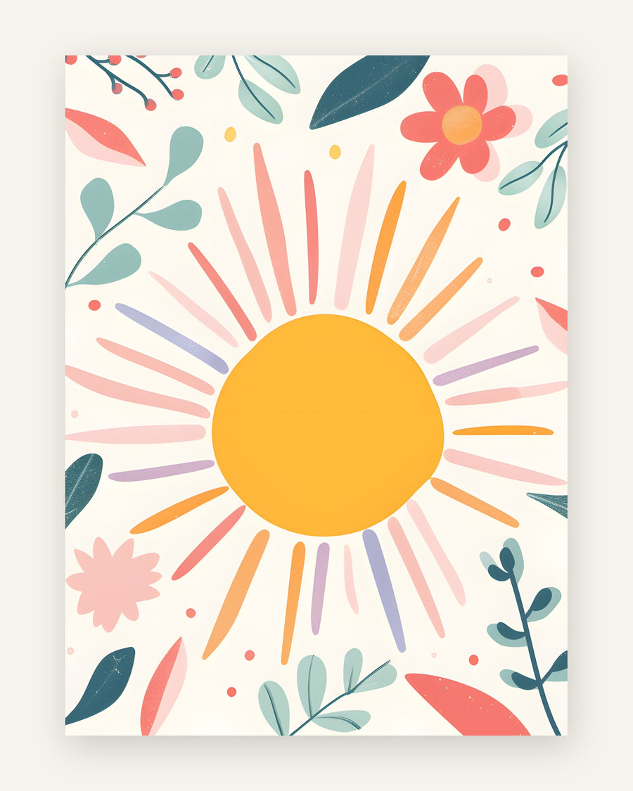 Børneplakat med sol med blomster i gule toner til børneværelset
