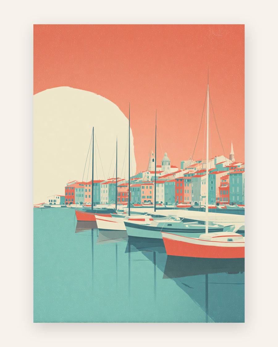 Plakat med sol over havnen i orange toner