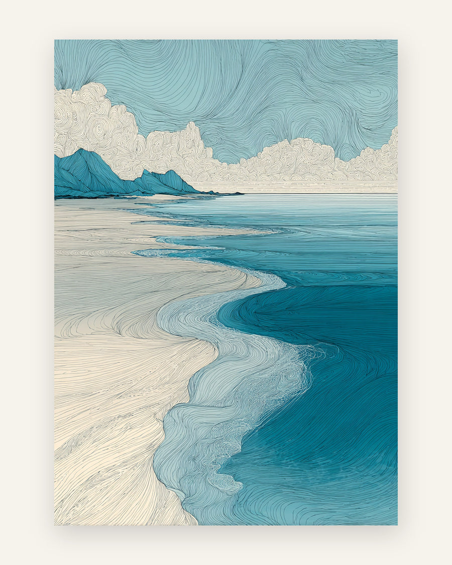 Stregtegnet plakat med et stille kystlandskab i blå og creme med bølger, skyer og bjerge