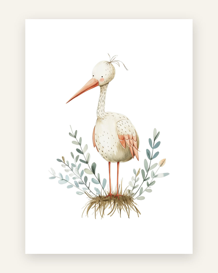 Børneplakat med stork i naturen i beige til børneværelset