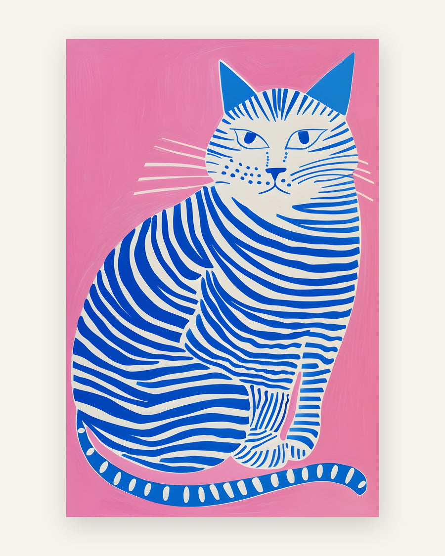 Børneplakat med naiv kat med blå og hvide striber på en lyserød baggrund til børneværelset