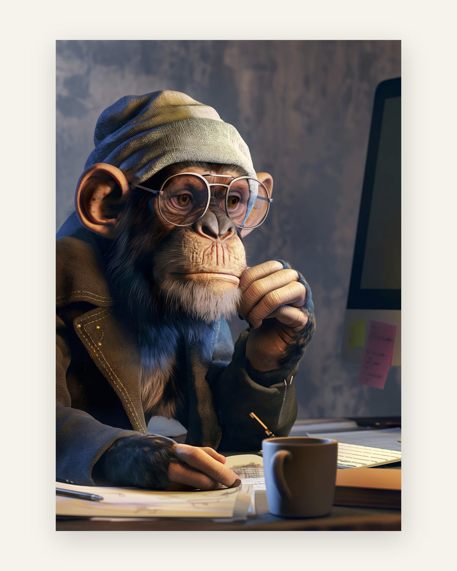 Plakat med tænksom chimpanse ved skrivebord i blå toner