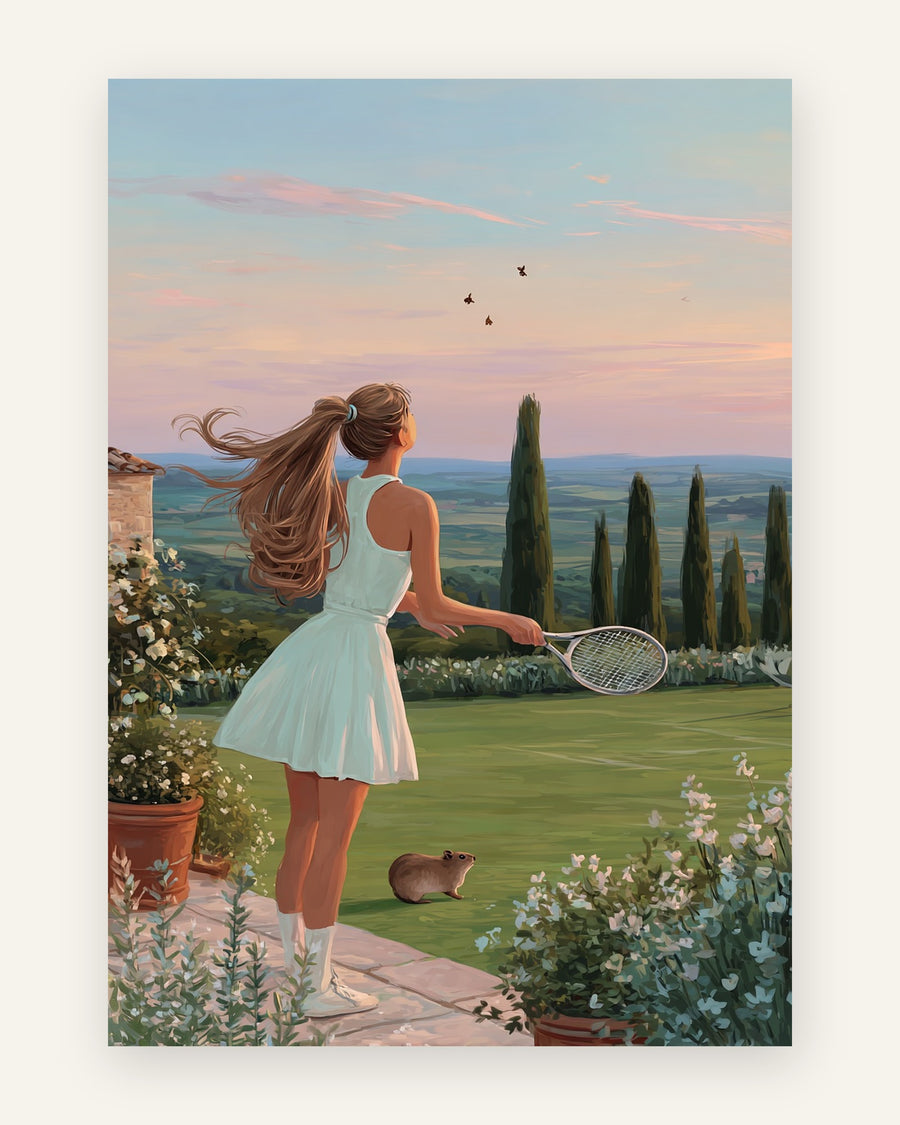 Børneplakat med tennispige ved solnedgang i bløde pasteller til pigeværelset
