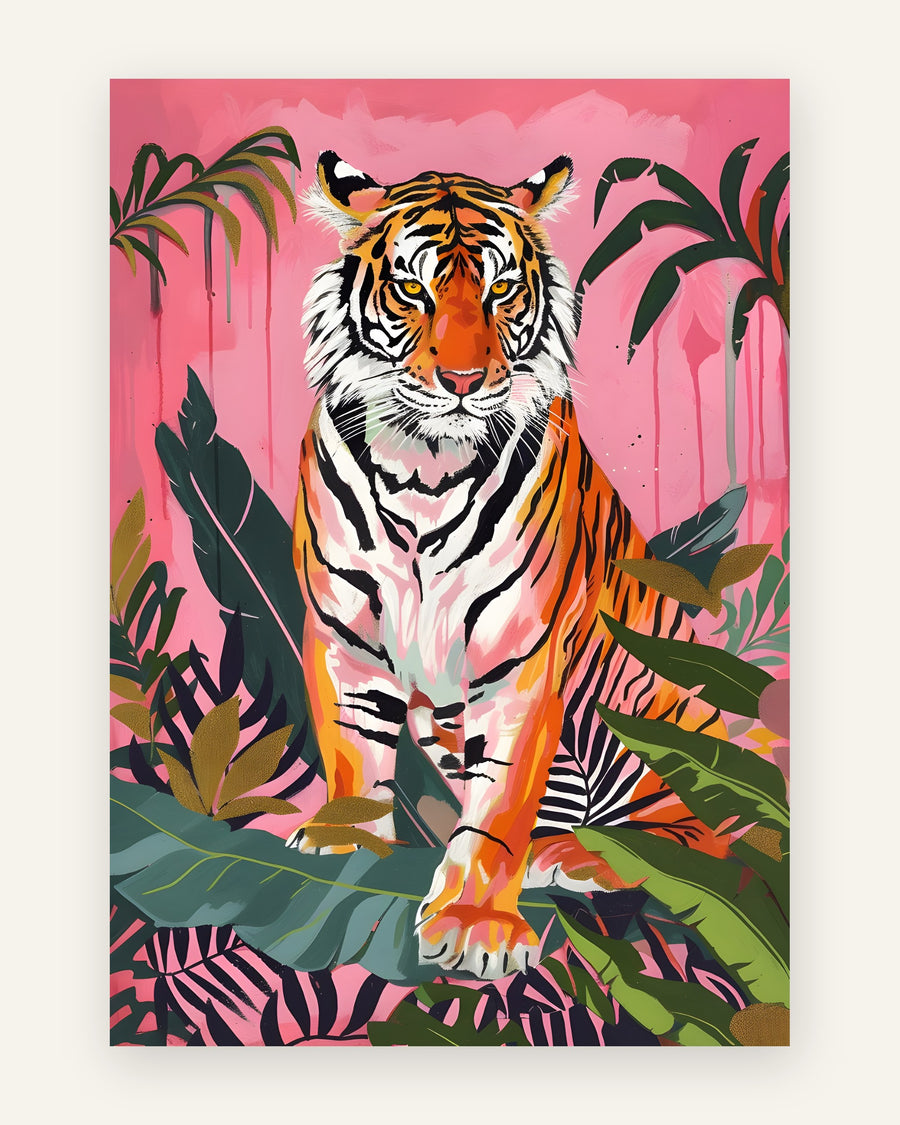 Børneplakat med tiger i jungle på pink til børneværelset