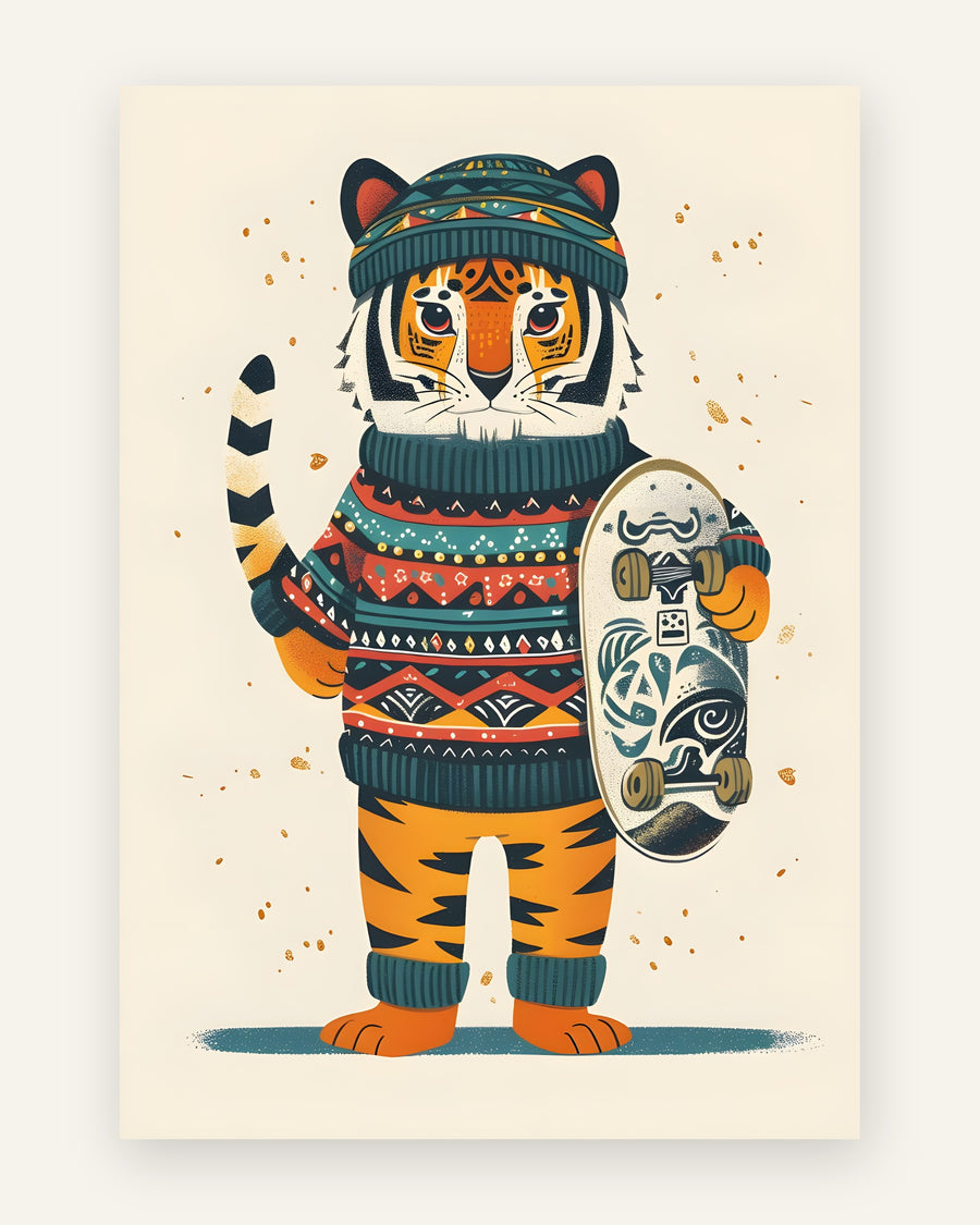 Børneplakat med tiger med skateboard i friske farver til drengeværelset