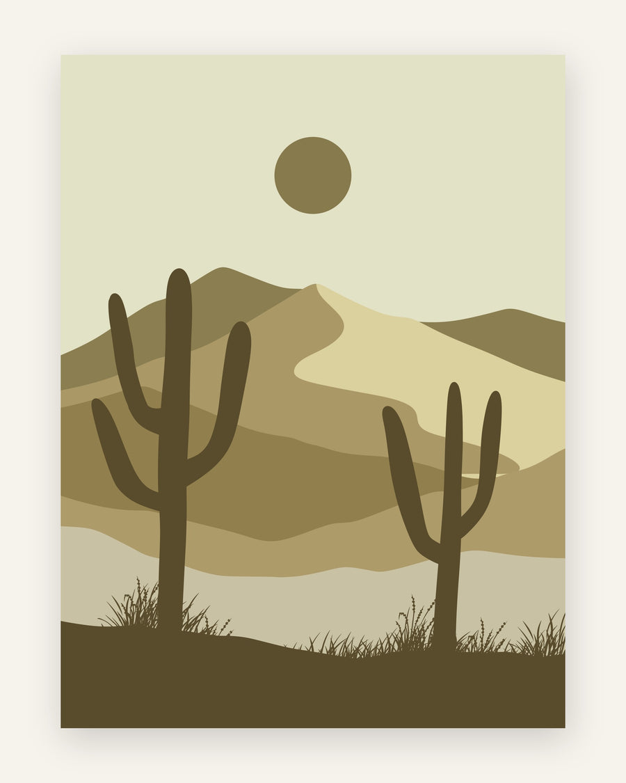 Minimalistisk plakat med to kaktusser i silhuet foran ørkenklitter i olivengrøn og khaki