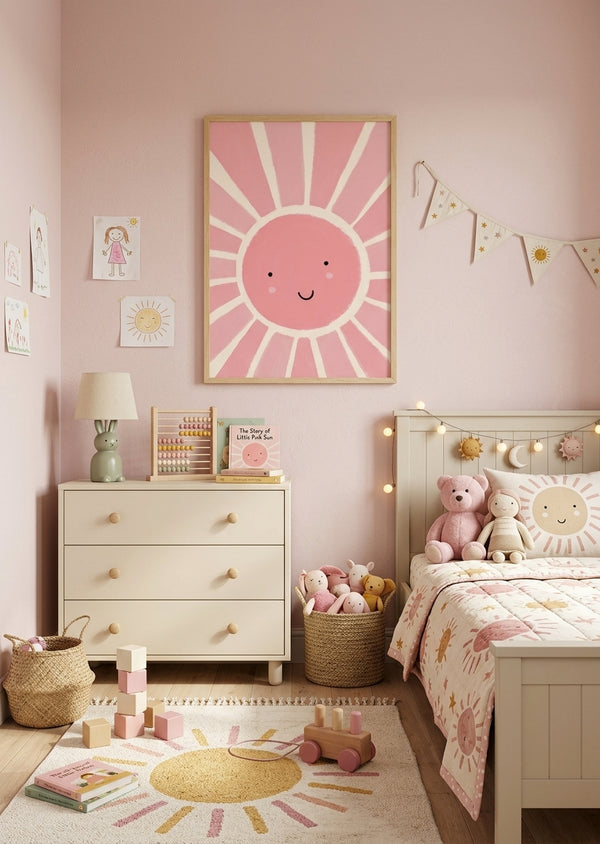 Børneplakat med glad pink sol til børneværelset