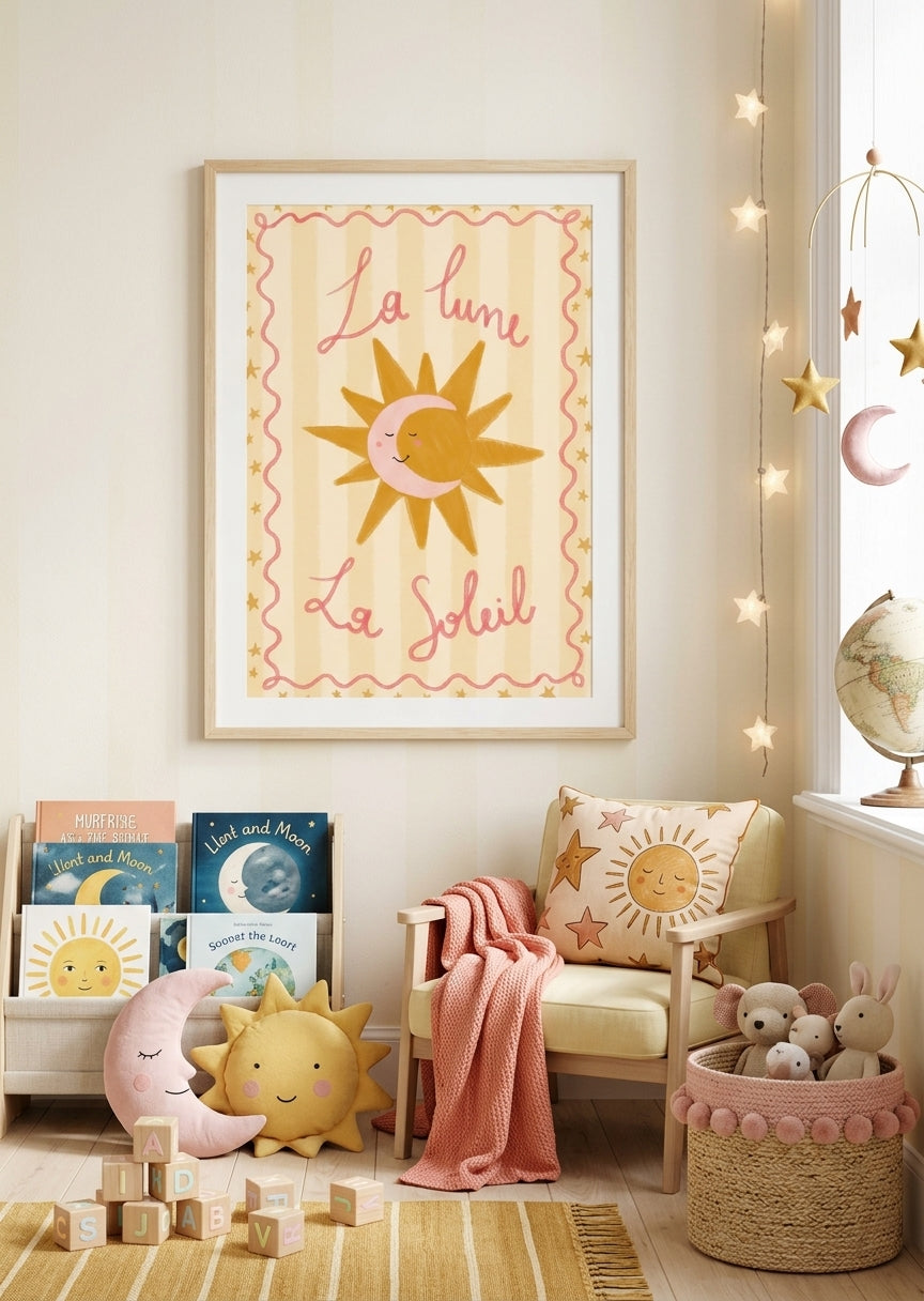 Plakat med sol og måne 'La Lune & Le Soleil' til børneværelset