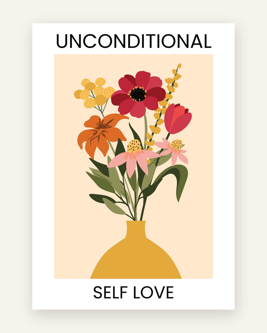 Børneplakat med unconditional self love i røde toner til børneværelset