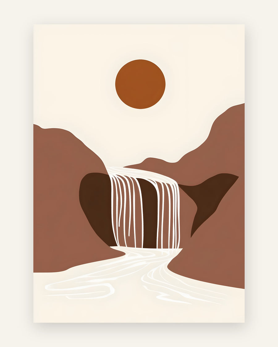 Minimalistisk plakat med hvidt vandfald mellem terracottafarvede bjerge og en rust-farvet sol