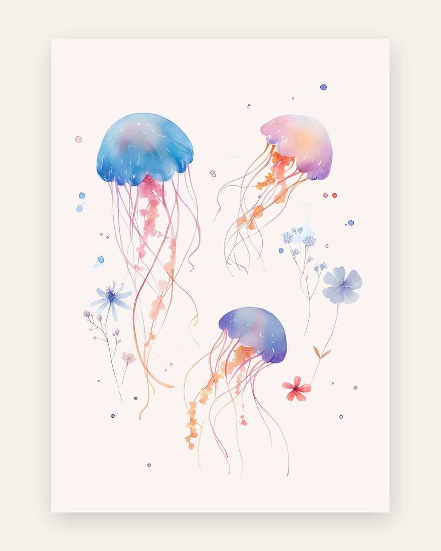 Børneplakat med akvarel-vandmænd i pastelblå, lilla og pink med orange fangarme og små blomster til børneværelset