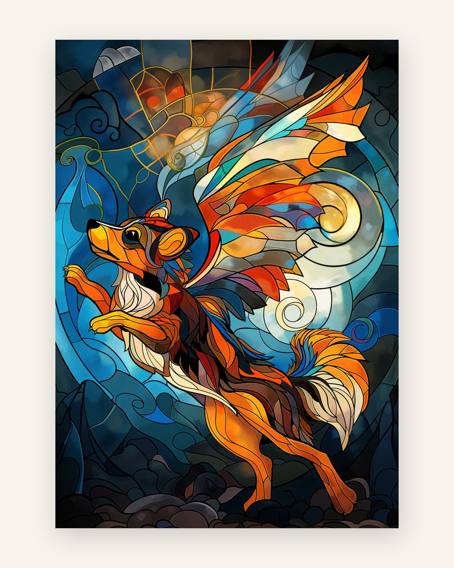 Abstrakt kunstplakat i glasmaleristil med en farverig vinget ræv der springer, i orange, blå og multifarvede nuancer med sol og måne