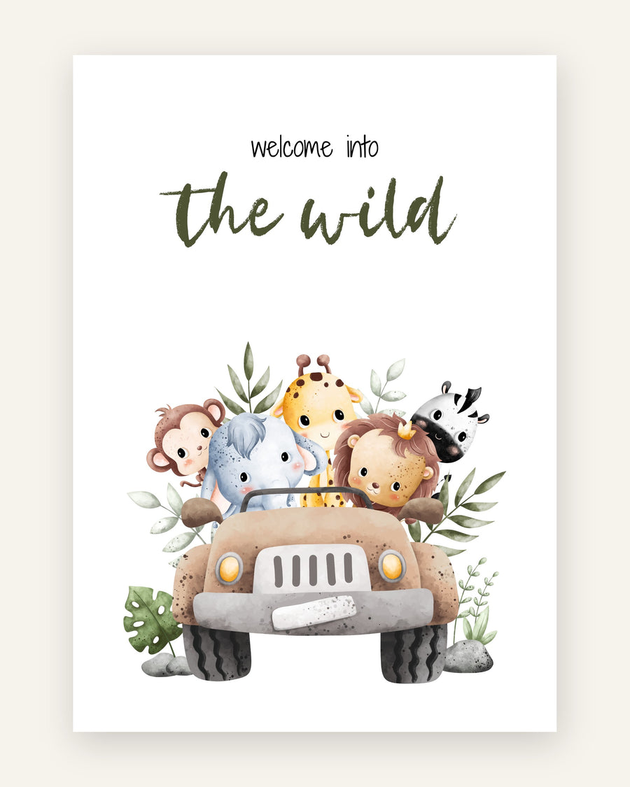 Børneplakat med welcome into the wild i grønne toner til børneværelset