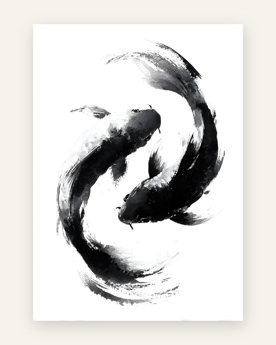 Børneplakat med yin yang koi i sort-hvid til børneværelset