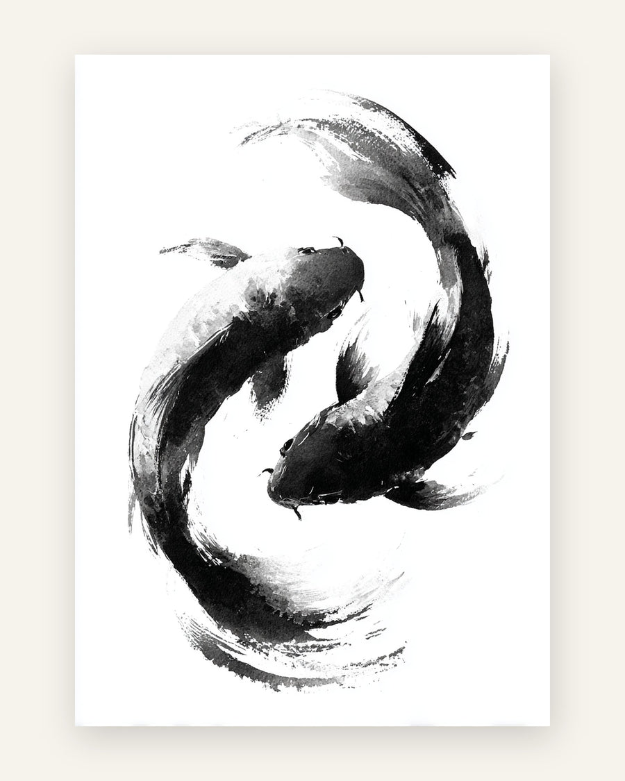 Børneplakat med yin yang koi i sort-hvid til børneværelset