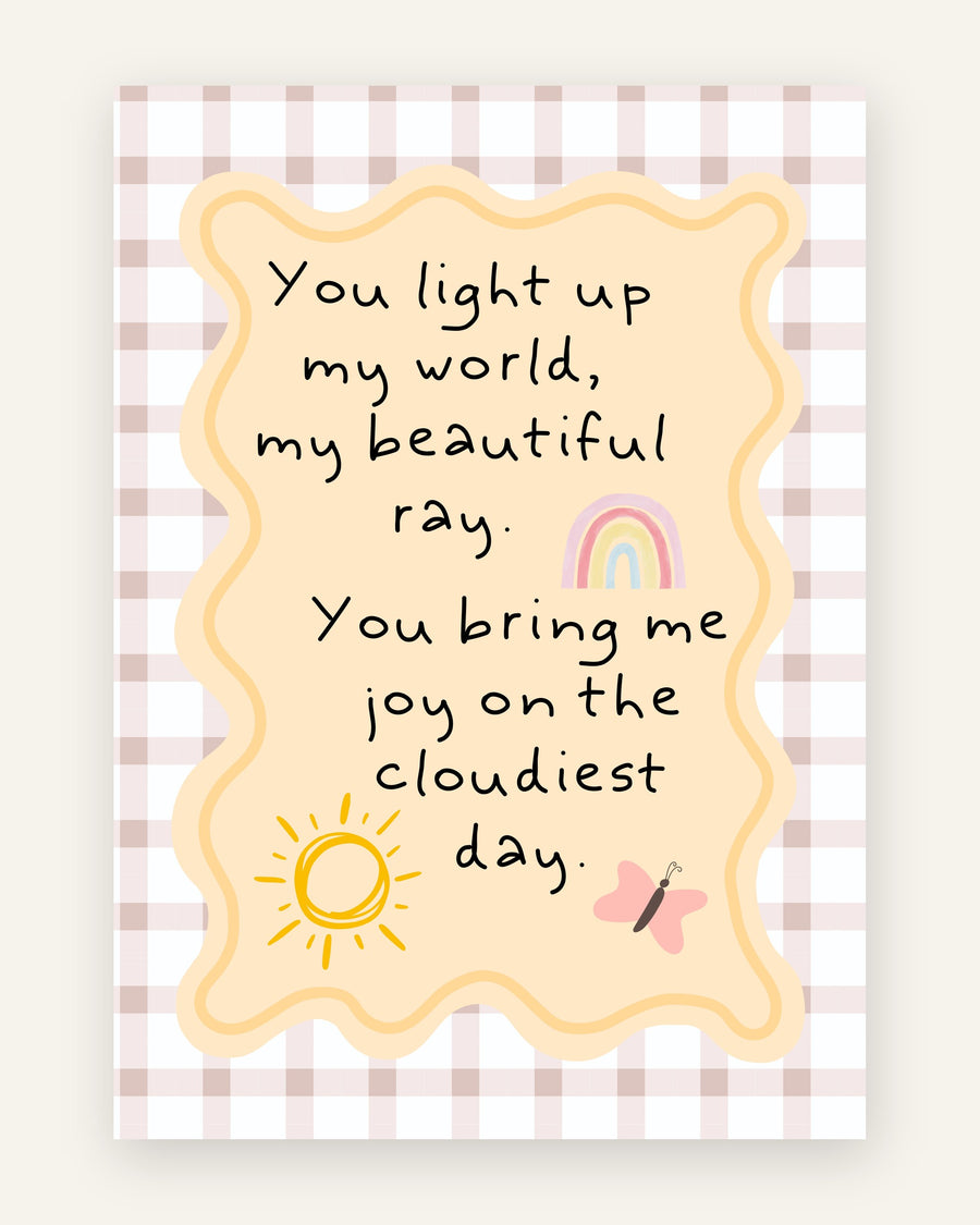 Børneplakat med you light up my world i gule toner til børneværelset