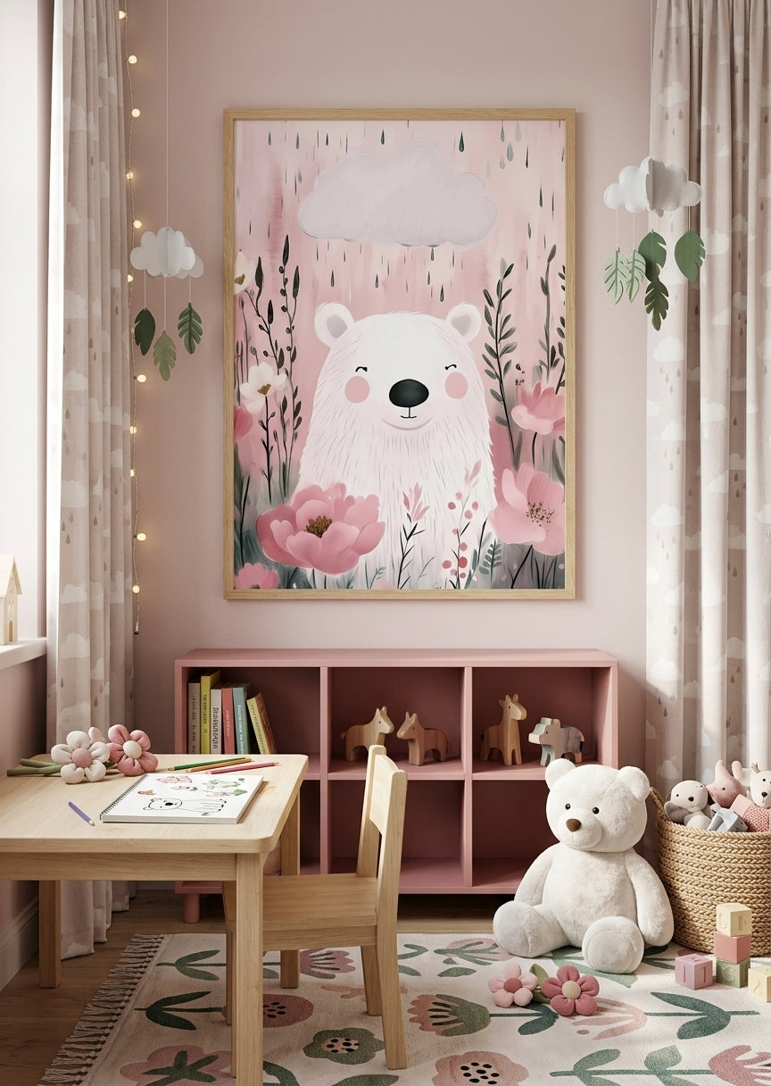 Børneplakat med bamse omgivet af blomster til børneværelset