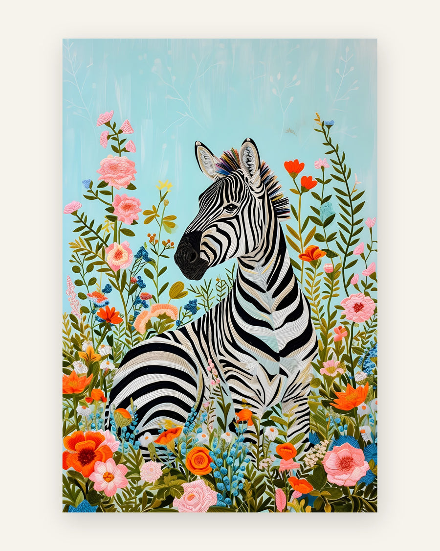 Børneplakat med zebra i blomstermark i friske farver til børneværelset