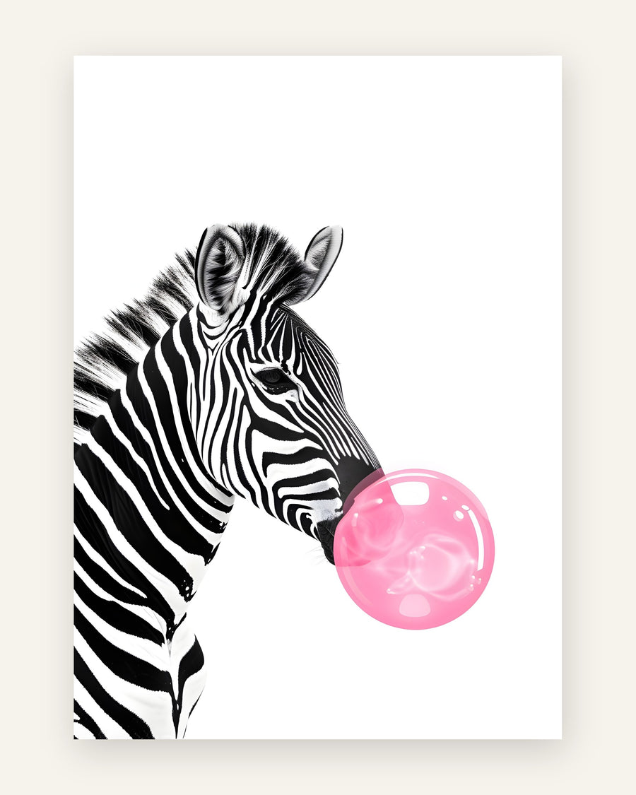 Børneplakat med zebra med tyggegummi i sort-hvid til børneværelset