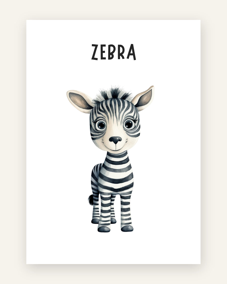 Børneplakat med zebra plakat med navn i sort-hvid til børneværelset