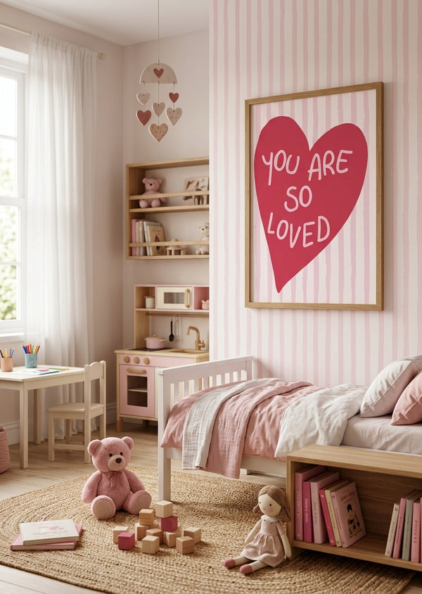 Citatplakat 'You Are So Loved' med hjerte til børneværelset
