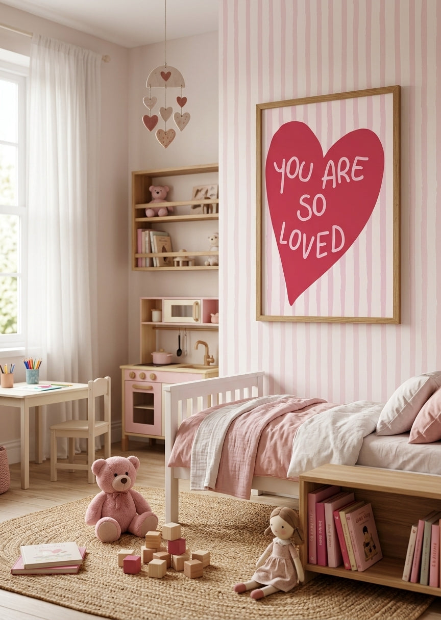 Citatplakat 'You Are So Loved' med hjerte til børneværelset