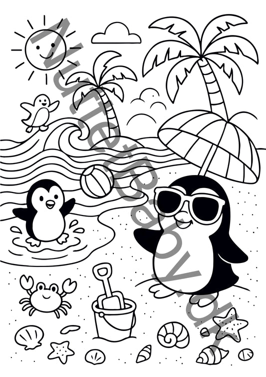 Pingviner på stranden farvelægning