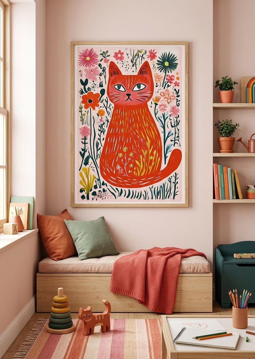 Børneplakat med kat og blomster til børneværelset