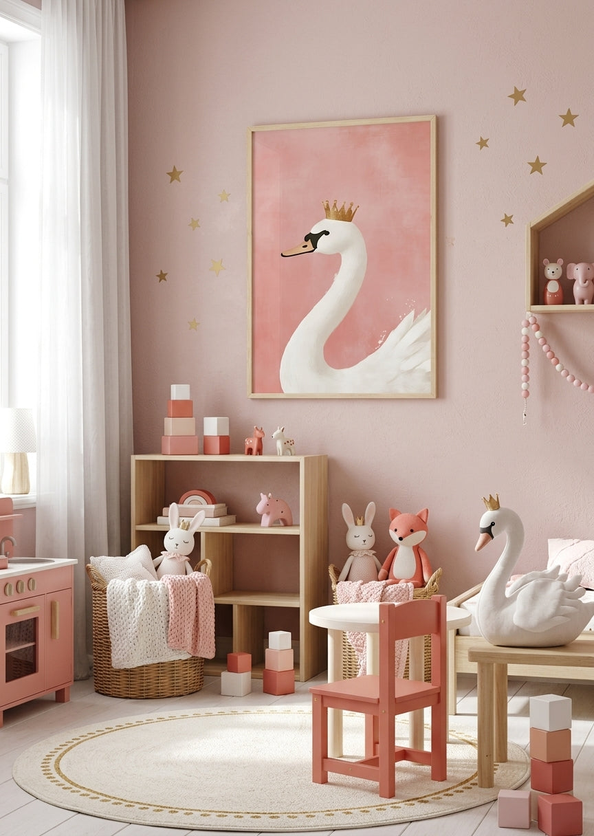 Plakat med svane med guldkrone til pigeværelset