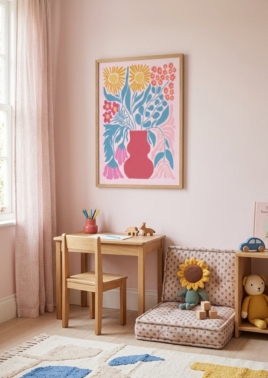 Plakat med pastel blomsterbuket til pigeværelset