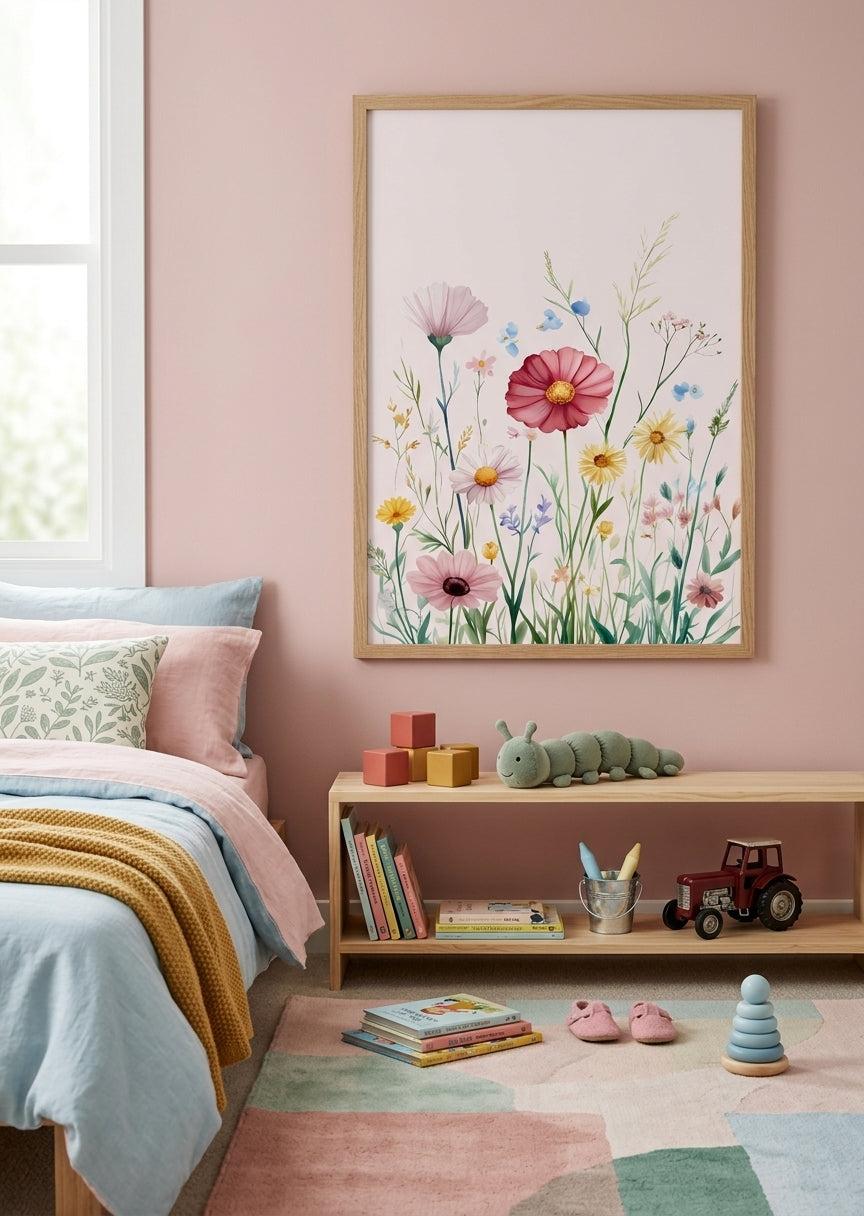 Blomsterplakat i pastel til pigeværelset