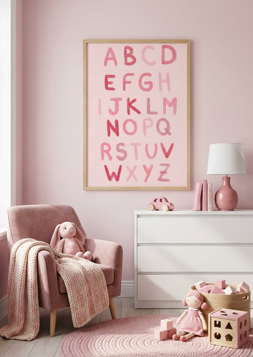 ABC-plakat med hele alfabetet i pastelfarver til børneværelset