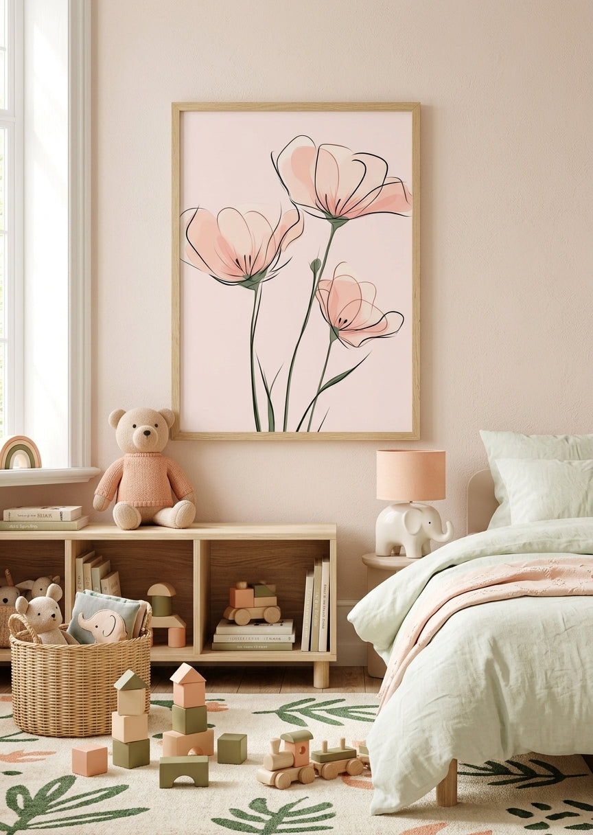Minimalistisk blomsterplakat i pastel til pigeværelset