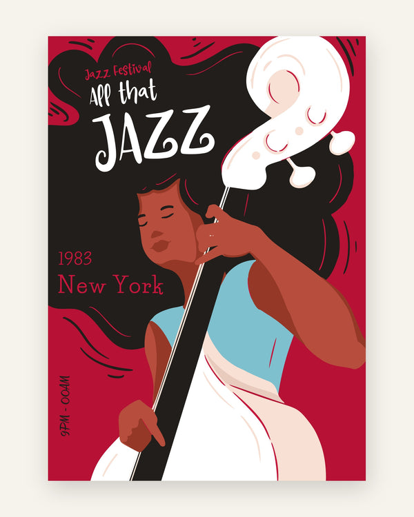 Børneplakat med all that jazz cello i røde toner til pigeværelset