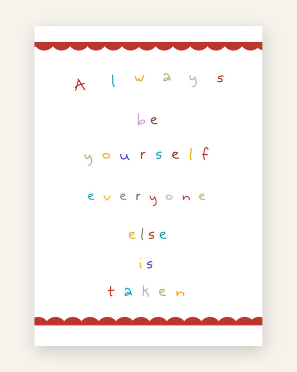 Børneplakat med always be yourself i friske farver til børneværelset