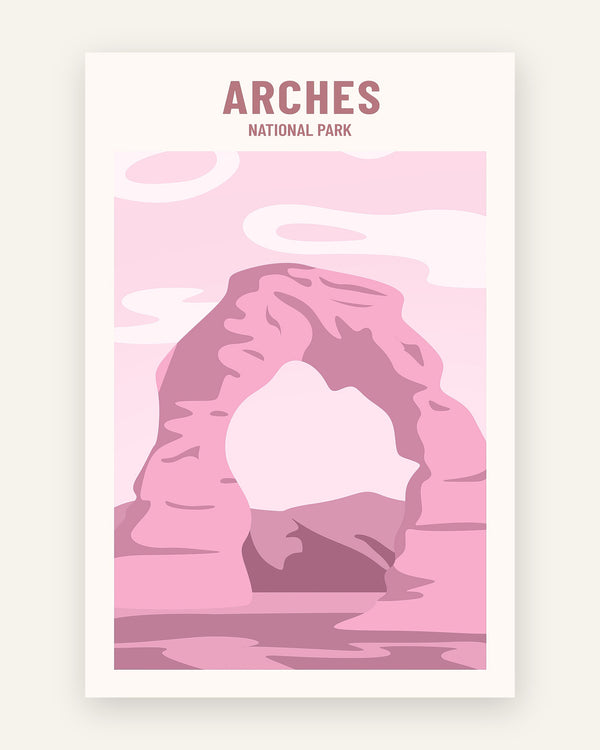 Plakat med arches nationalpark i lyserøde toner
