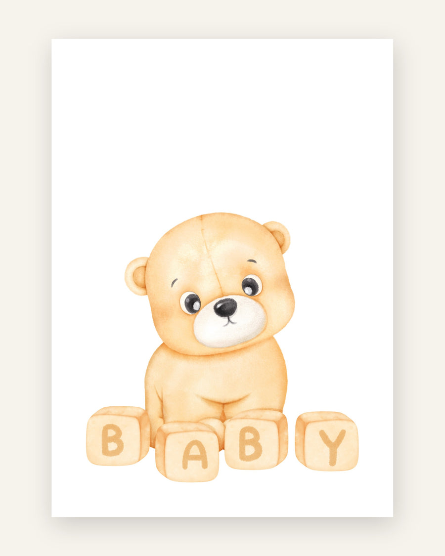 Børneplakat med baby bamse med klodser i beige til børneværelset