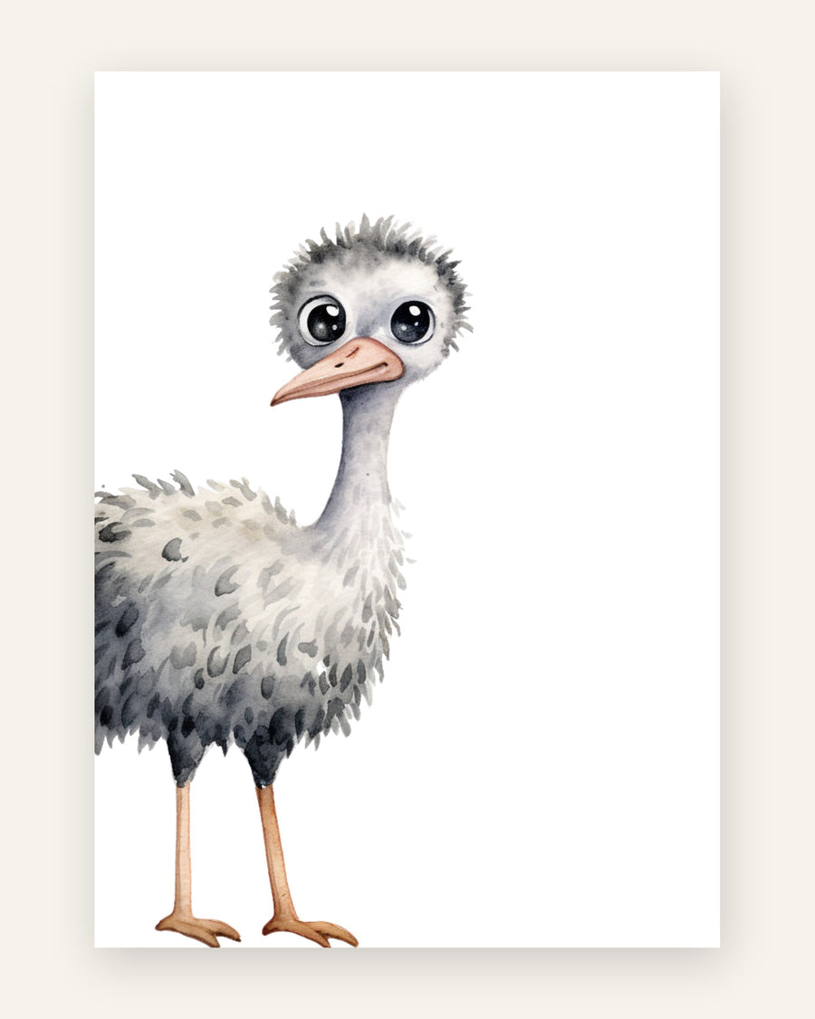 Børneplakat i akvarel med sød grå lådden strudseunge med store øjne og laksefarvet næb på hvid baggrund til børneværelset