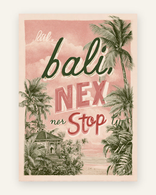Plakat med bali next stop rejseplakat i lyserøde toner