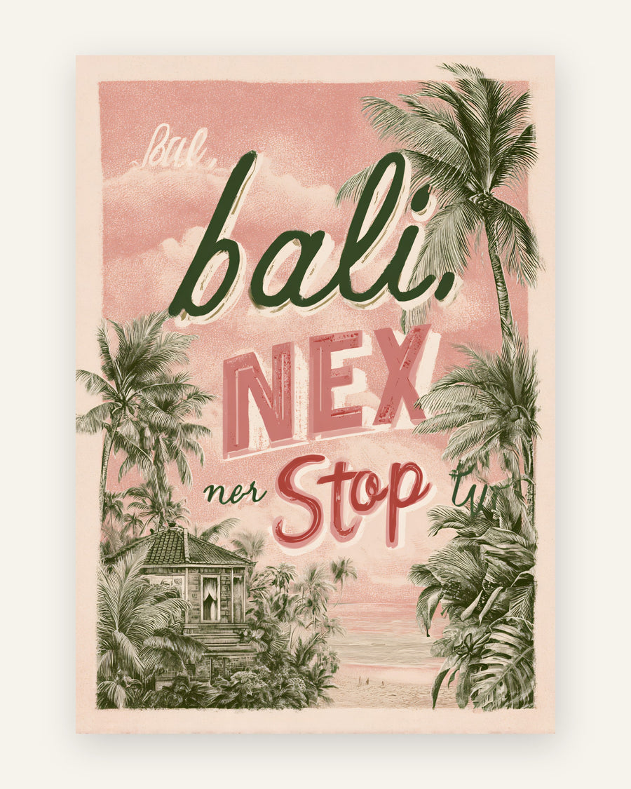 Plakat med bali next stop rejseplakat i lyserøde toner