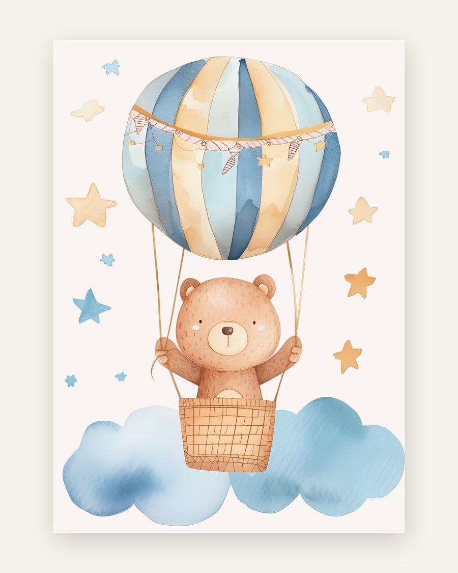 Børneplakat med bamse i luftballon i blå toner til drengeværelset