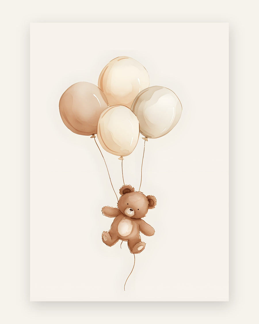 Børneplakat med bamse med balloner i beige til børneværelset