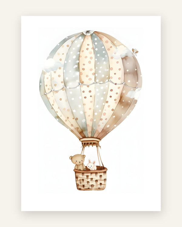 Børneplakat med bamser i luftballon i beige til børneværelset