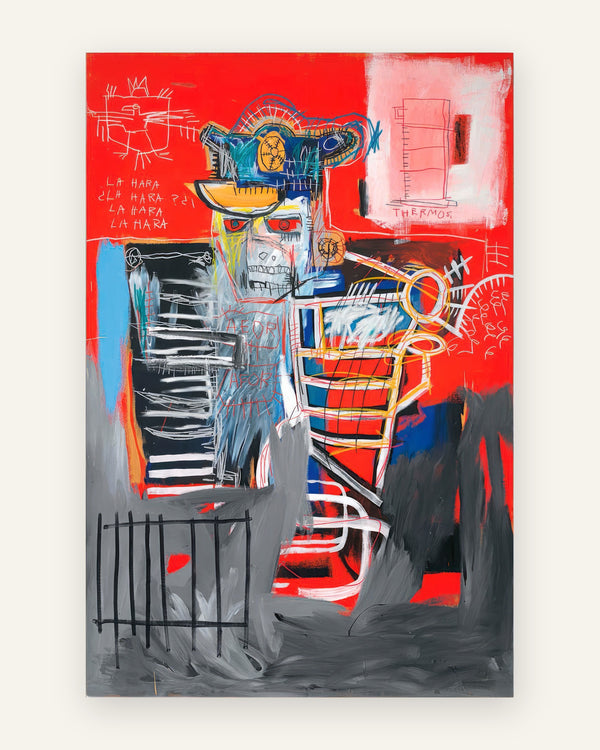 Børneplakat med basquiat figur i røde toner til børneværelset