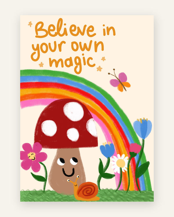 Børneplakat med believe in your own magic i friske farver til børneværelset