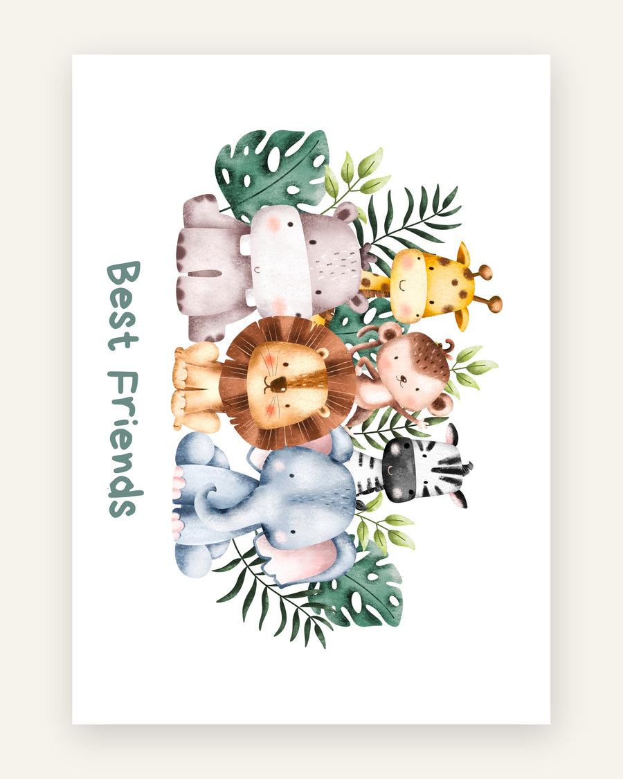 Børneplakat i akvarel med flodhest, giraf, løve, abe, elefant og zebra blandt tropiske blade under teksten Best Friends til børneværelset